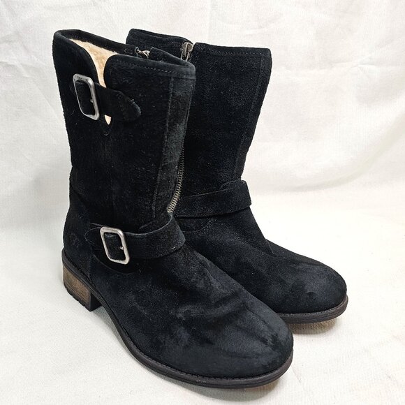 UGG Australia Black Suede Leather Shearling Zip Mid Calf Boots Women's Size 6 - Picture 1 of 11
